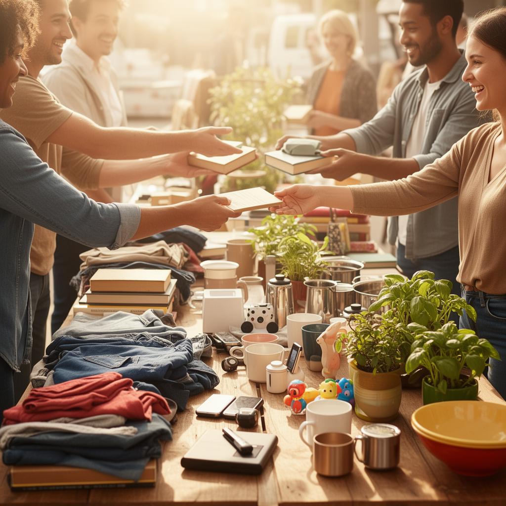 Comunidade trokando itens variados: roupas, livros, eletrônicos e plantas